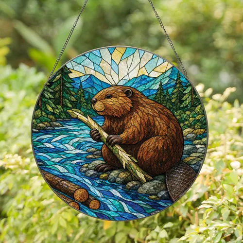 Brown Beaver Stained Glass River Scene Window Decor For Woodland Cabin Nature Lovers Stained Glass Suncatcher