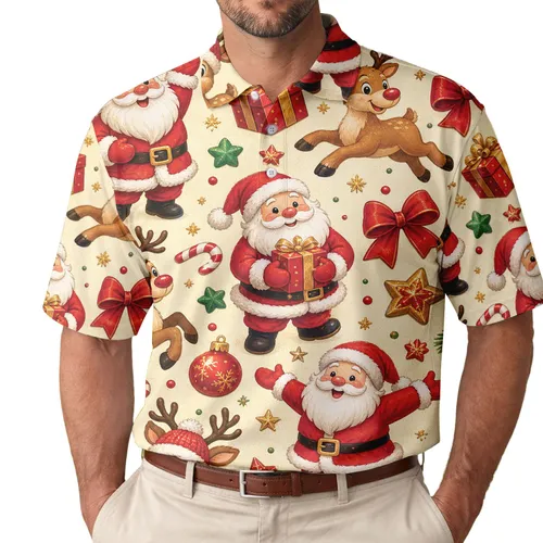 Santa Reindeer Candy Cane Christmas Gift Motif For Holiday Party Wear And Festive Events Men's Polo Shirt