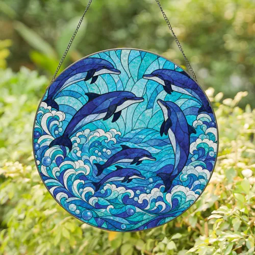 Dolphin Family Stained Glass Ocean Waves Window Decor for Coastal Home Lovers Stained Glass Suncatcher