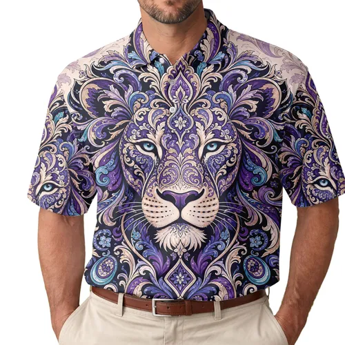 Ornate Blue And Purple Lion Head For Resort Parties And Luxury Evening Style Men Men's Polo Shirt