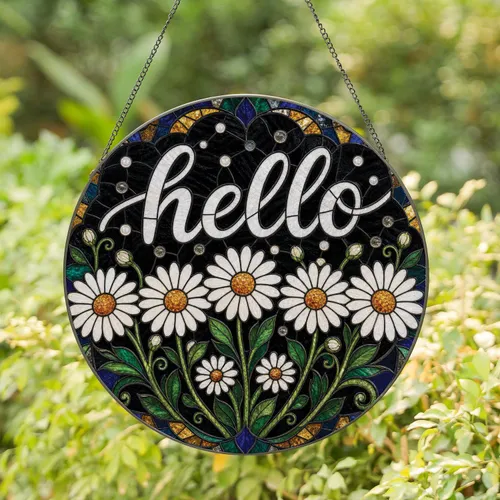 Hello Daisy Stained Glass Floral Window Hanging For Rustic Farmhouse Home Decor Gift Stained Glass Suncatcher