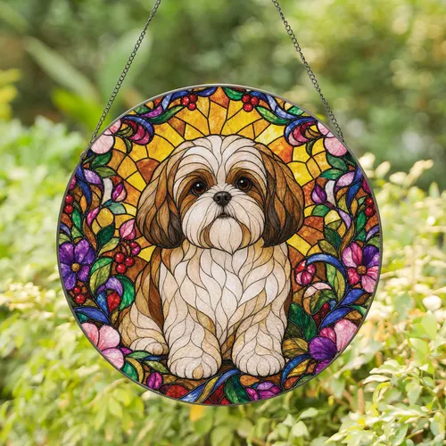 Shih Tzu Stained Glass Floral Window Decor for Dog Lovers and Housewarming Gifts Stained Glass Suncatcher
