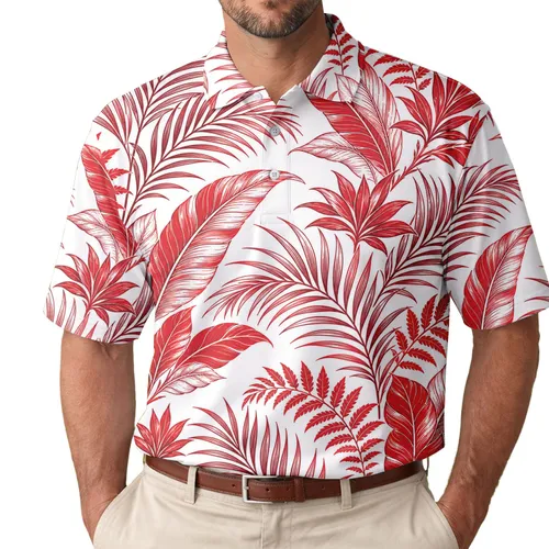 Red White Tropical Palm And Fern Leaves For Beach Vacation Resort Wear Men Summer Men's Polo Shirt