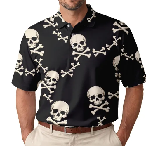Ivory Skull And Crossbones On Black Gothic Pirate Casual Summer Streetwear For Men Men's Polo Shirt