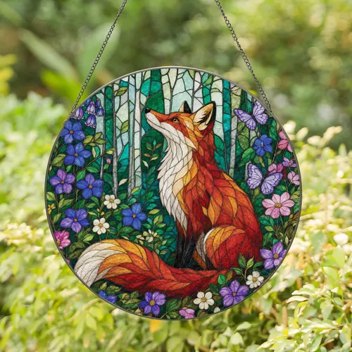 Red Fox Stained Glass Woodland Floral Window Decor For Cottagecore Home Gift Giving Stained Glass Suncatcher