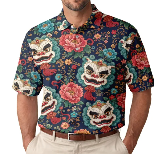 Ceremonial Lion Masks And Peony Flowers For Festival Celebrations And Everyday Style Men's Polo Shirt
