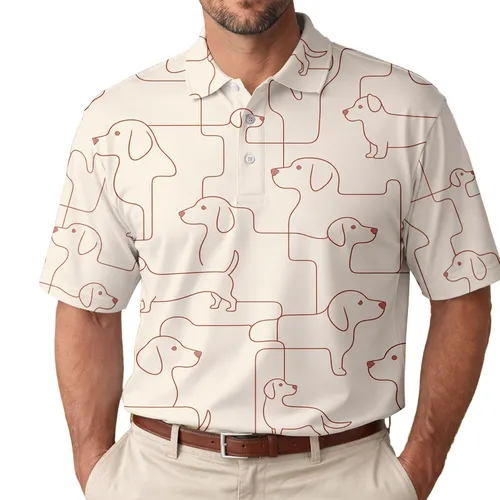 Minimalist Dog Line Art Casual Summer Wear for Men Beach Office Vacation Weekend Men's Polo Shirt