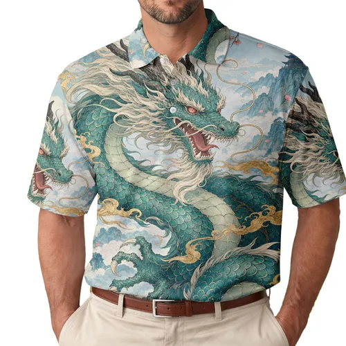 Jade Dragon With Cherry Blossoms And Pagodas For Travel Festivals And Daily Wear Men's Polo Shirt