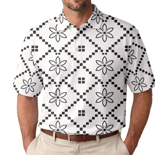 Black Floral Lattice Geometric Resort Style For Men Vacation Office Casual Outfits Men's Polo Shirt