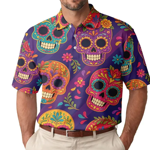 Colorful Sugar Skulls For Day Of The Dead Festivals Halloween Parties And Casual Wear Men's Polo Shirt