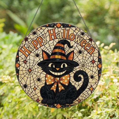 Black Cat Witch Hat Stained Glass Halloween Window Decor For Spooky Home Stained Glass Suncatcher