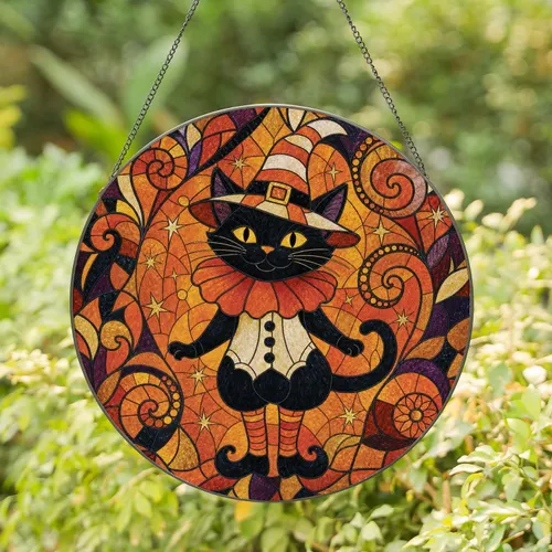 Black Cat Witch Hat Stained Glass Halloween Window Hanging Decor for Gothic Home Lovers Stained Glass Suncatcher