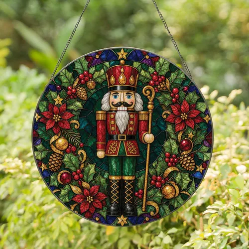 Victorian Nutcracker Christmas Wreath Stained Glass Holiday Decor For Collectors Stained Glass Suncatcher