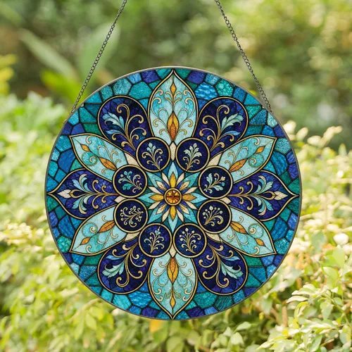 Blue Gold Stained Glass Mandala Window Decor For Boho Home Housewarming And Garden Gifts Stained Glass Suncatcher