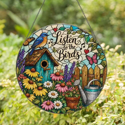 Bluebird Birdhouse Stained Glass Garden Decor for Farmhouse Porch and Bird Lovers Stained Glass Suncatcher