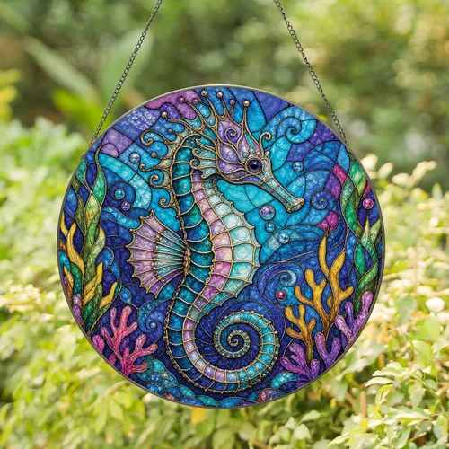 Stained Glass Seahorse Ocean Mosaic Window Decor for Coastal Home And Beach House Gifts Stained Glass Suncatcher