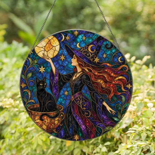 Halloween Witch And Black Cat Stained Glass Moon Decor for Gothic Autumn Home Gift Lovers Stained Glass Suncatcher