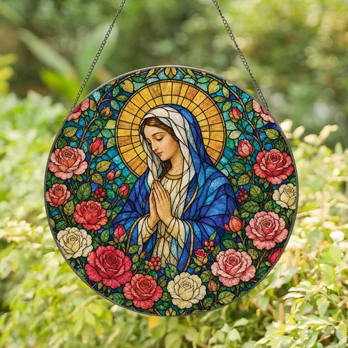 Stained Glass Praying Virgin Mary With Roses For Home Altar And Catholic Mothers Stained Glass Suncatcher