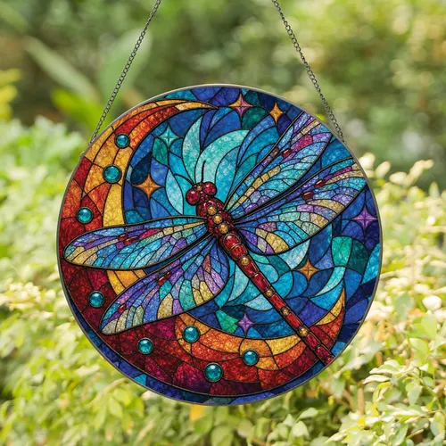 Dragonfly Crescent Moon Stained Glass Window Decor For Garden Lovers And Housewarming Stained Glass Suncatcher