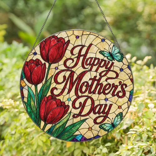 Stained Glass Tulips With Butterflies Mother's Day Window Decor for Mom's Garden Home Stained Glass Suncatcher