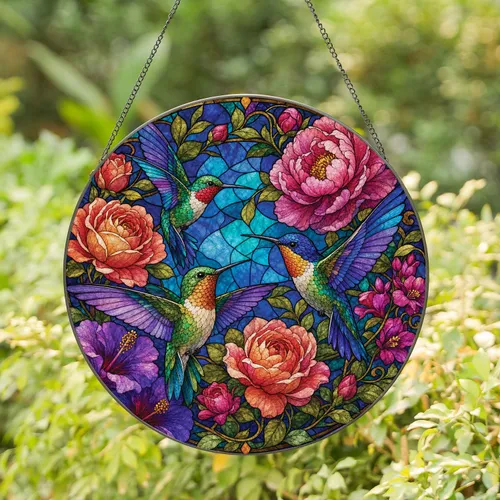 Hummingbird Stained Glass Floral Garden Window Decor For Bird And Nature Lovers Housewarming Gifts Stained Glass Suncatcher
