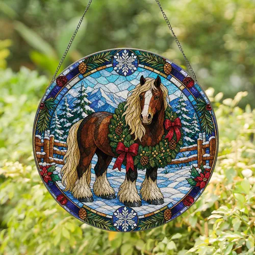Draft Horse Christmas Wreath Stained Glass Winter Farm Decor Gift For Equestrians Stained Glass Suncatcher