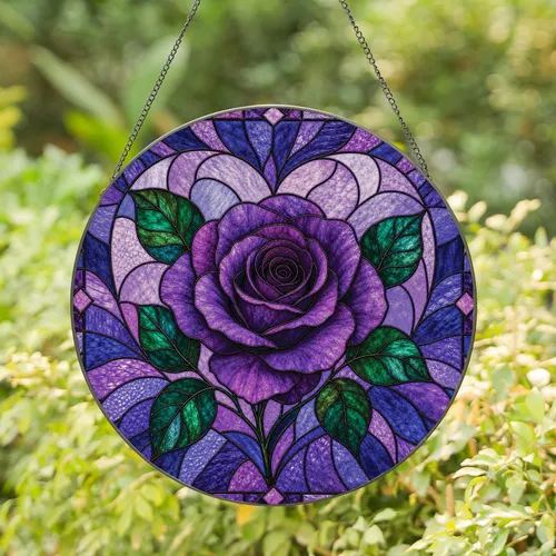 Purple Rose Stained Glass Heart Decor for Romantic Home and Thoughtful Gift Giving Stained Glass Suncatcher