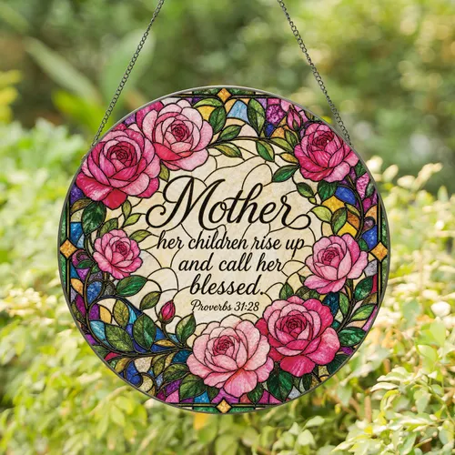 Pink Rose Proverbs 31:28 Stained Glass Mother's Day Window Gift for Christian Moms Stained Glass Suncatcher