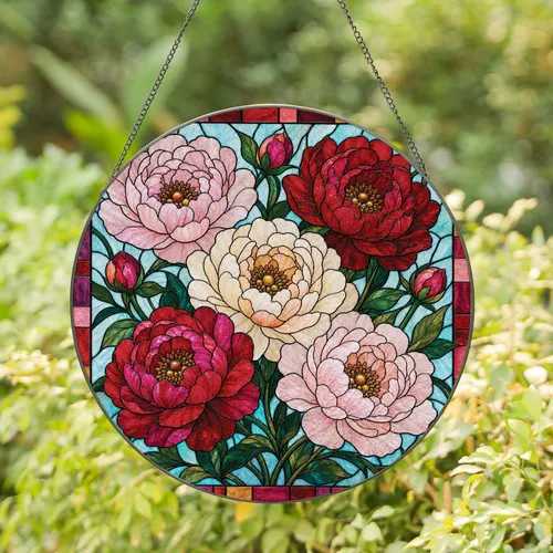 Romantic Peony Stained Glass Bouquet For Valentine Home Decor And Floral Gift Lovers Stained Glass Suncatcher