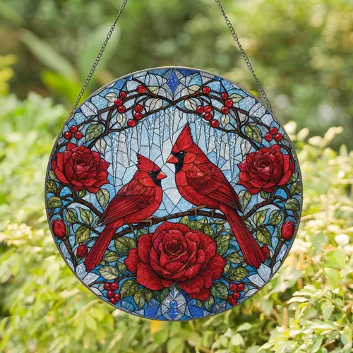 Red Cardinal Rose Stained Glass Window Decor for Winter Christmas Home Gift Lovers Stained Glass Suncatcher