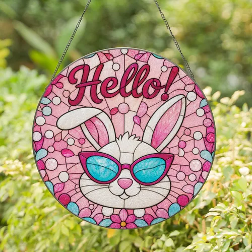 Hello Bunny Stained Glass Pink Mosaic Easter Spring Decor For Kids Stained Glass Suncatcher