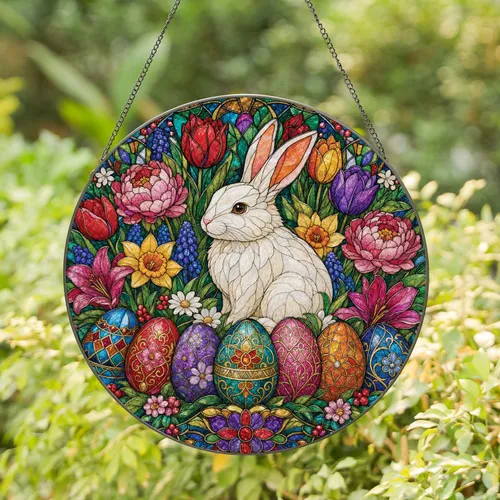 Easter Bunny And Floral Eggs For Spring Home Decor And Easter Gift Giving Lovers Stained Glass Suncatcher