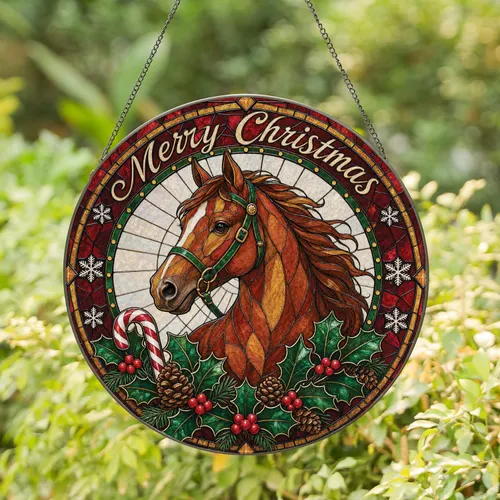 Christmas Horse Stained Glass Window Decor For Equestrian Holiday Home Display Gift Stained Glass Suncatcher