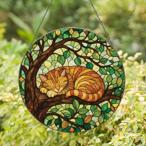 Sleeping Ginger Tabby Cat Stained Glass Window Decor for Cozy Cottage Home Lovers Stained Glass Suncatcher