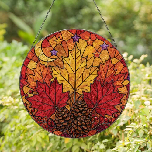 Stained Glass Maple Leaves And Pinecones For Warm Autumn Window Decor And Housewarming Gifts Stained Glass Suncatcher
