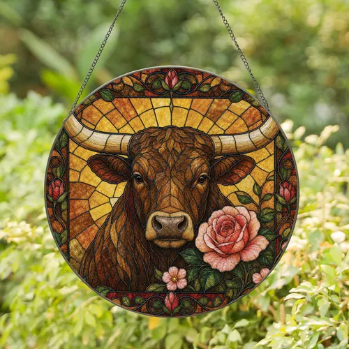 Longhorn Bull With Pink Roses For Western Farmhouse Windows And Ranch Housewarming Gifts Stained Glass Suncatcher