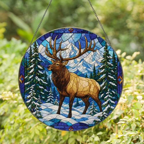 Bull Elk Stained Glass Winter Mountain Window Decor For Rustic Cabin Nature Lovers Home Stained Glass Suncatcher