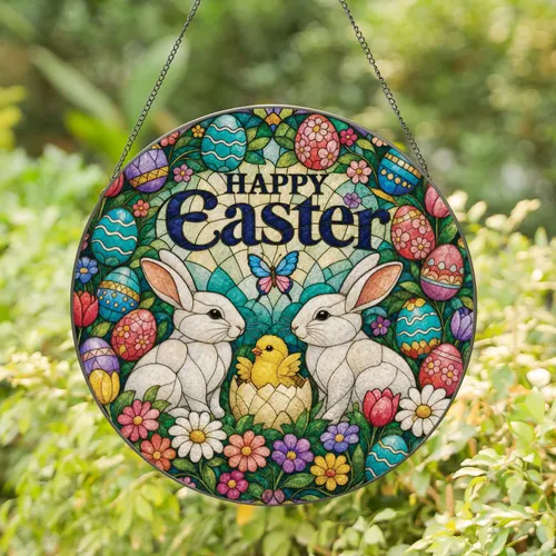 Happy Easter Stained Glass Rabbit And Chick Garden Window Decor For Spring Homes Stained Glass Suncatcher