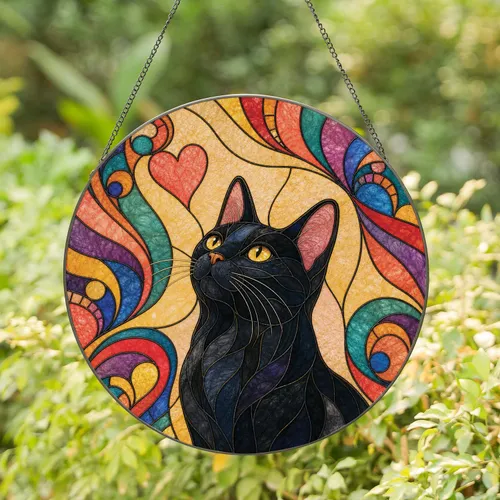 Black Cat Stained Glass Heart Window Decor Gift For Cat Lovers Stained Glass Suncatcher