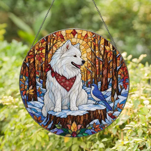 White Spitz Dog And Bluebird Stained Glass Winter Woodland Window Decor For Dog Lovers Stained Glass Suncatcher