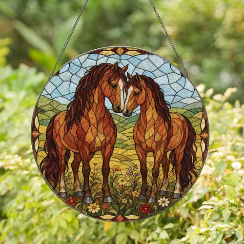 Paired Chestnut Horses Stained Glass Window Decor For Rustic Farmhouse Horse Lovers Stained Glass Suncatcher