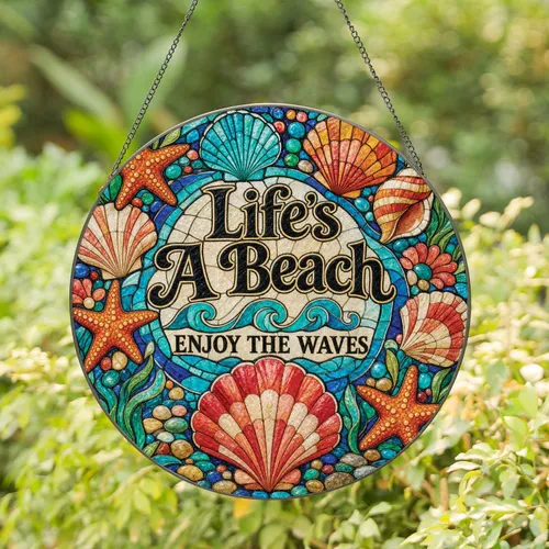 Life's A Beach Stained Glass Coastal Shell And Starfish Decor for Beach House Living Stained Glass Suncatcher