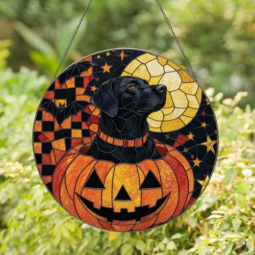 Black Labrador Pumpkin Stained Glass Halloween Porch Wall Decor For Dog Loving Homes Stained Glass Suncatcher