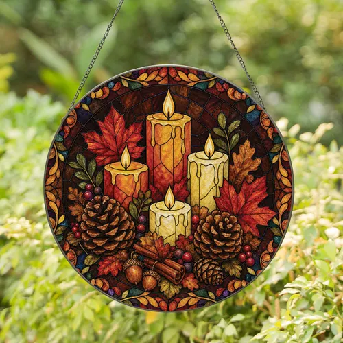 Autumn Candle Pine Cone Wreath For Thanksgiving Farmhouse Mantel And Entryway Decor Stained Glass Suncatcher