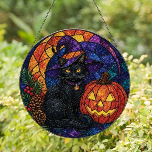 Black Cat Witch Hat And Jack O Lantern Halloween Home Decor Gift For Gothic Cat Lovers Stained Glass Suncatcher
