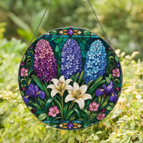 Hyacinth And Lily Stained Glass Garden Decor For Botanical Homes And Flower Lovers Stained Glass Suncatcher