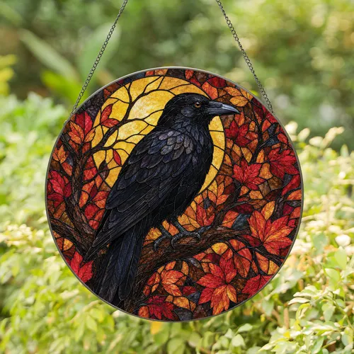 Black Crow Stained Glass Autumn Window Decor For Gothic Cottage Halloween Home Lovers Stained Glass Suncatcher