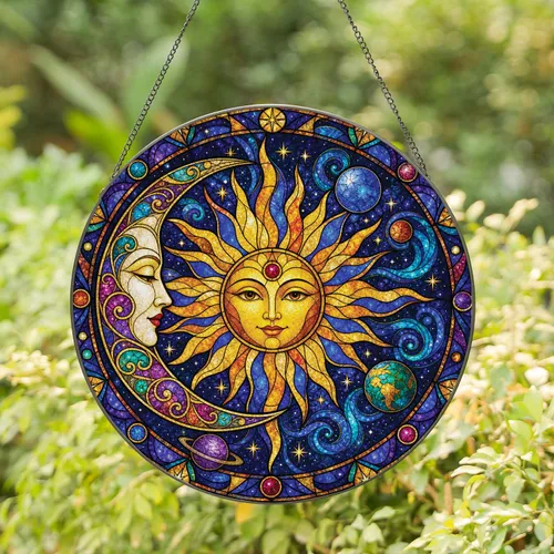 Stained Glass Sun Moon Celestial Wall Decor for Boho Home Meditation And Yoga Spaces Stained Glass Suncatcher