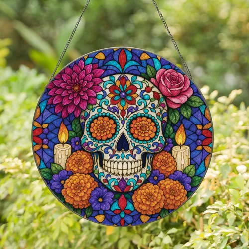Day Of The Dead Sugar Skull Stained Glass Window Decor For Halloween Home Memorials Stained Glass Suncatcher