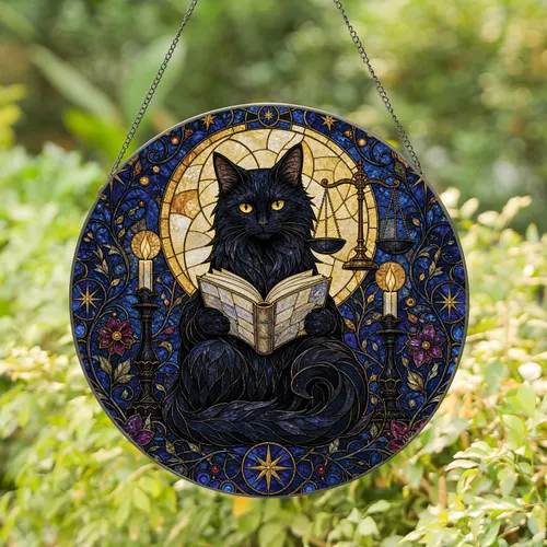 Black Cat Reading Book Stained Glass Window Hanging for Gothic Library Enthusiasts Stained Glass Suncatcher